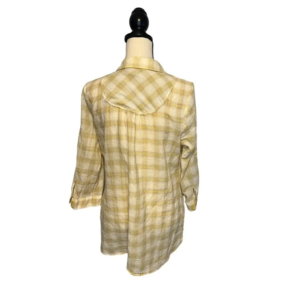 a.n.a A New Approach 1/2 Button Tunic Womens Size M Yellow Plaid w/ Patch Pocket - Picture 3 of 7